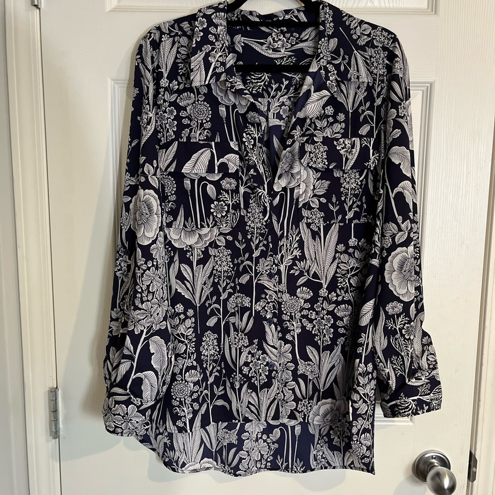 Floral Navy and White Button-Up Blouse